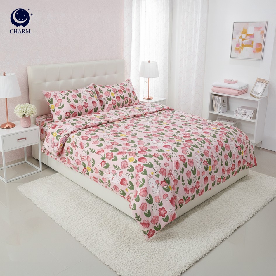 CHARM ชุดผ้าปูที่นอน + ผ้านวม 6 ฟุต 4 ชิ้น ลาย PINK LILLIE คอลเลคชั่น DREAMY_6